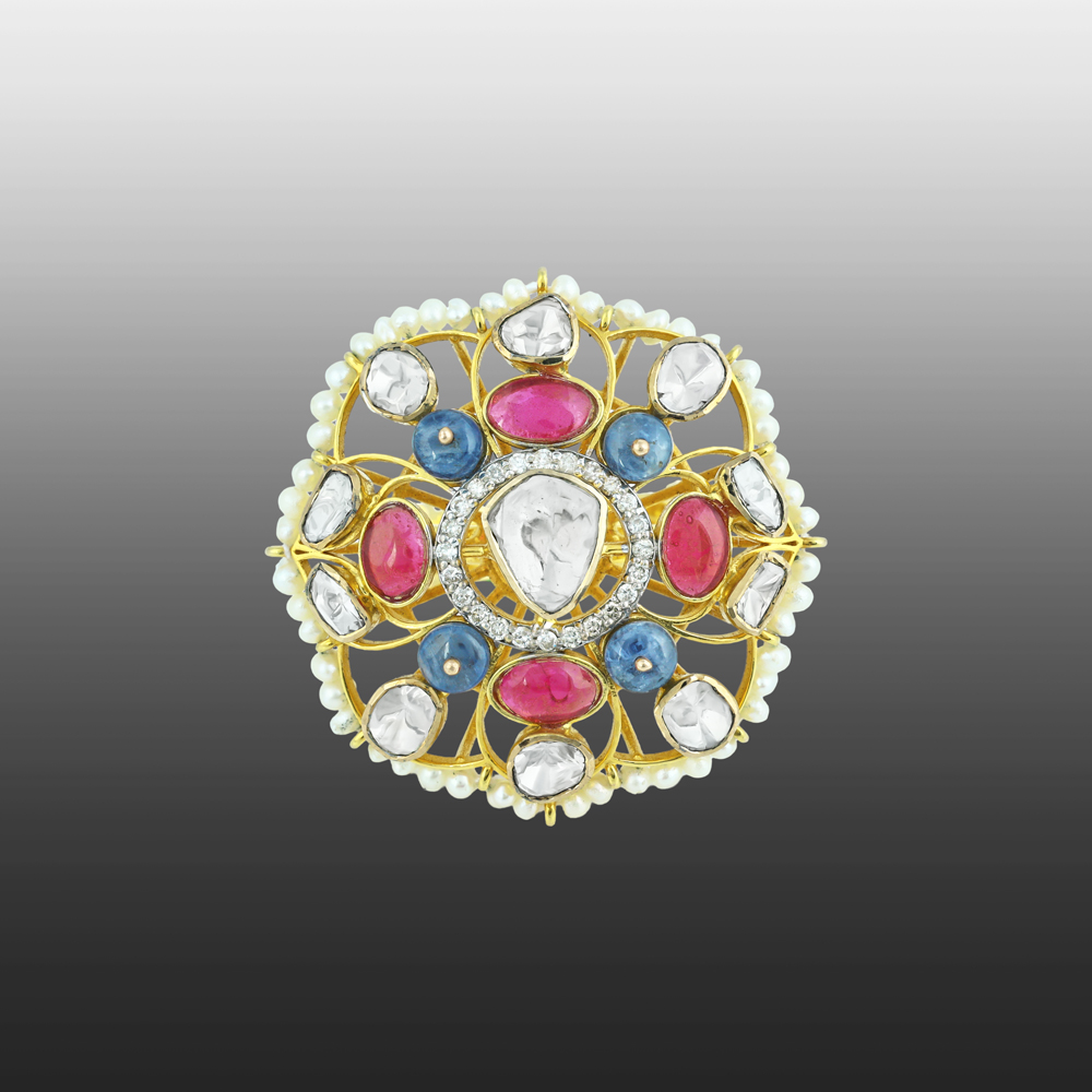 Polki Ring with Red and Blue Gemstones, Diamond Halo, and Pearls